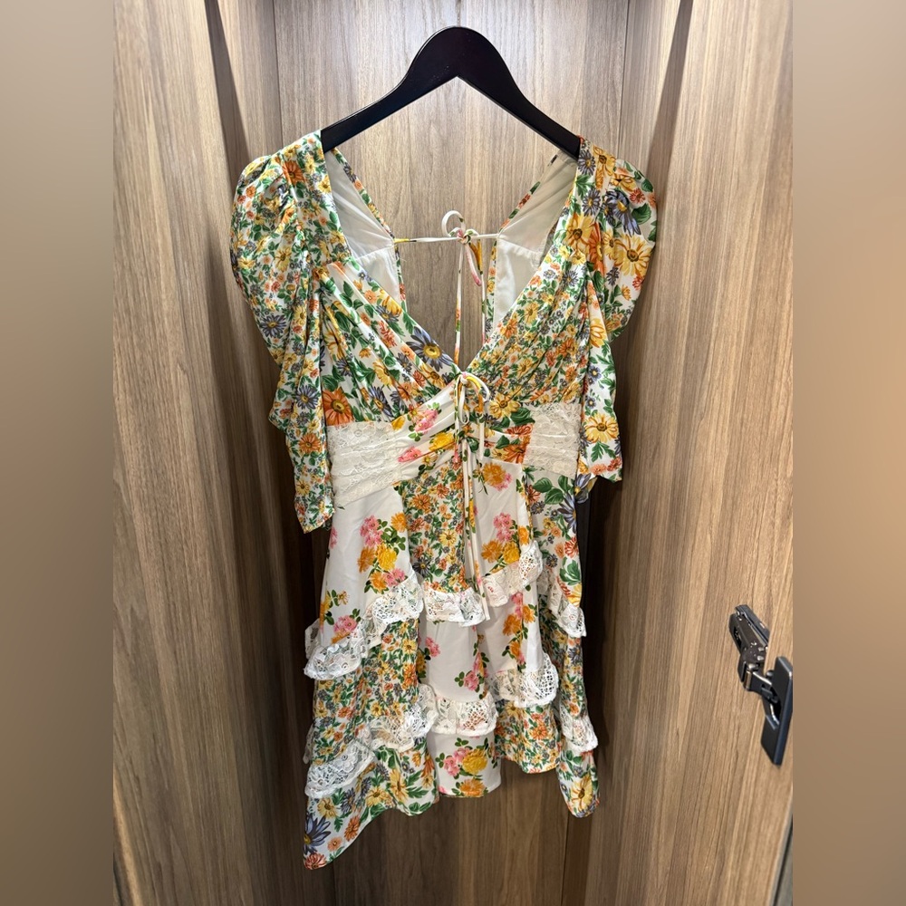 For Love & Lemons Floral Lace-Trim Mini Dress in White, Yellow, Pink, Green - Picture 4 of 6